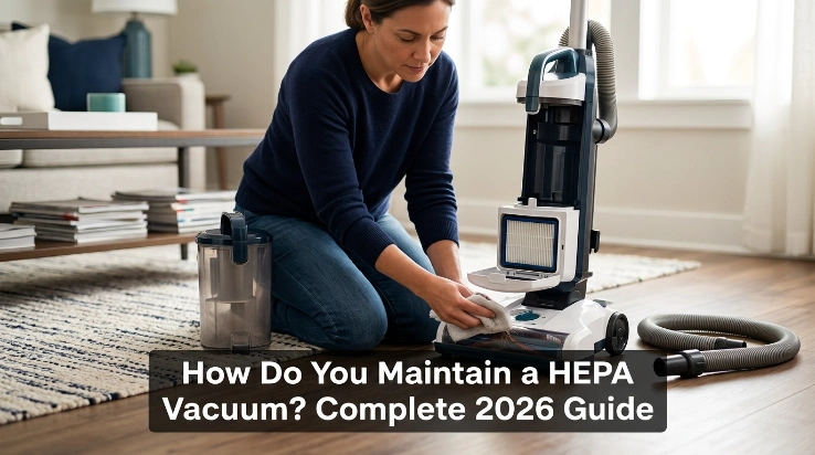 Homeowner maintaining a HEPA vacuum by emptying the bin, checking filters, brush roll, hose, and intake.