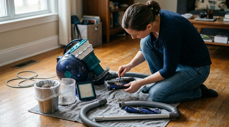 Homeowner maintaining a HEPA vacuum by emptying the bin, checking filters, brush roll, hose, and intake.