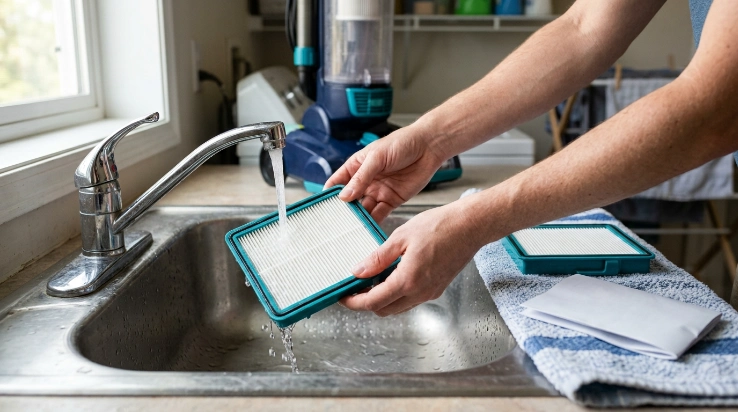 Manufacturer-approved washable HEPA vacuum filter being rinsed carefully while another filter stays dry.