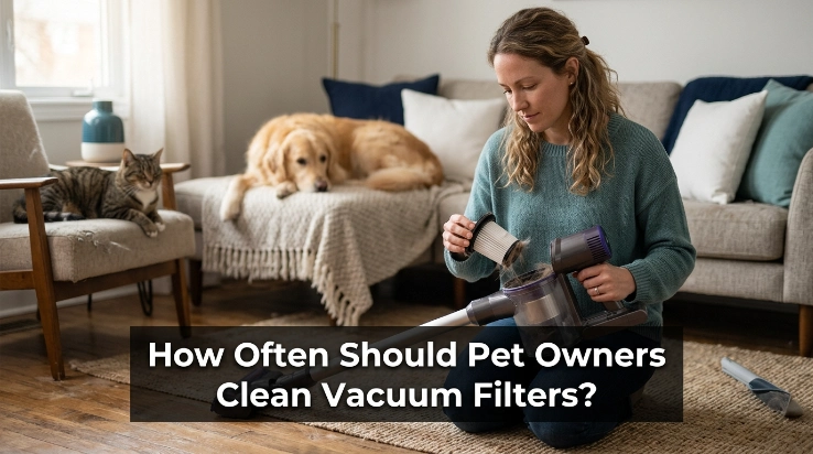 Pet owner inspecting a dusty vacuum filter after cleaning dog and cat hair