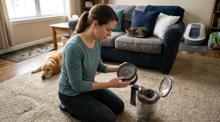 Pet owner inspecting a dusty vacuum filter after cleaning dog and cat hair