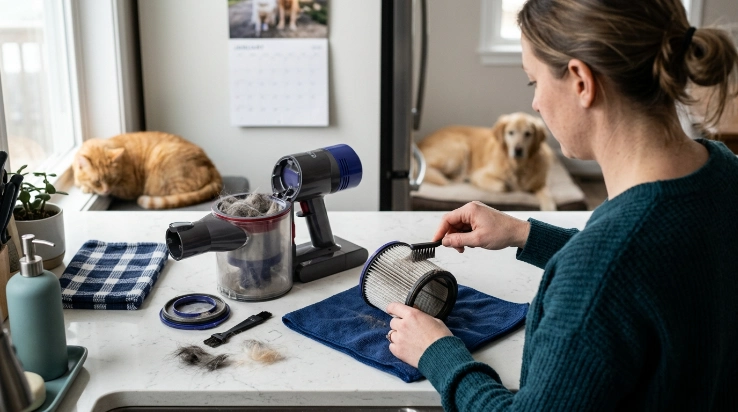 Pet owner performing a weekly vacuum filter inspection in a multiple-pet household