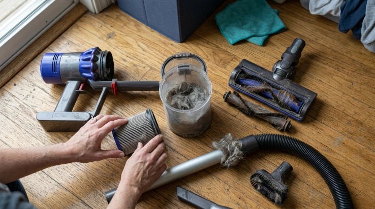 Vacuum bin, brush roll, filter, hose, and pet attachment arranged for maintenance