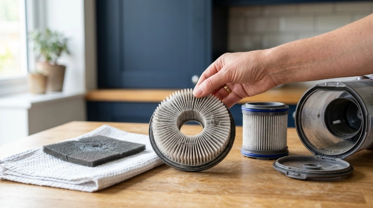 Vacuum filters being inspected and a washable foam filter drying before reuse