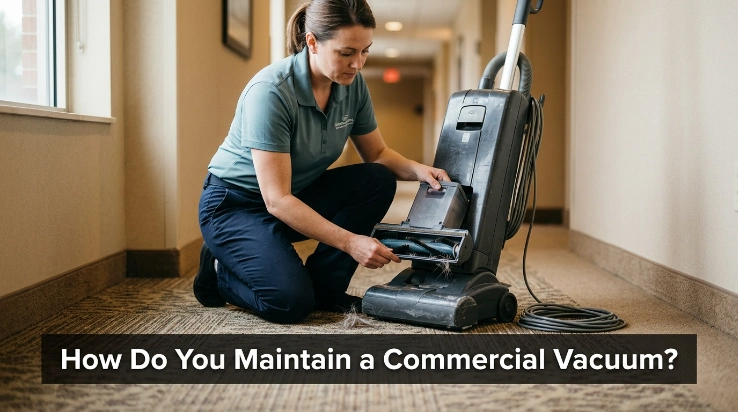 Commercial vacuum filter, brush roll, hose, and wand being inspected for maintenance