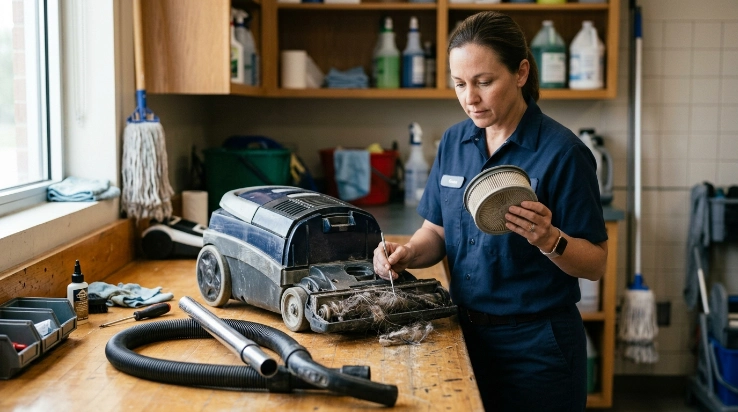 Commercial vacuum filter, brush roll, hose, and wand being inspected for maintenance