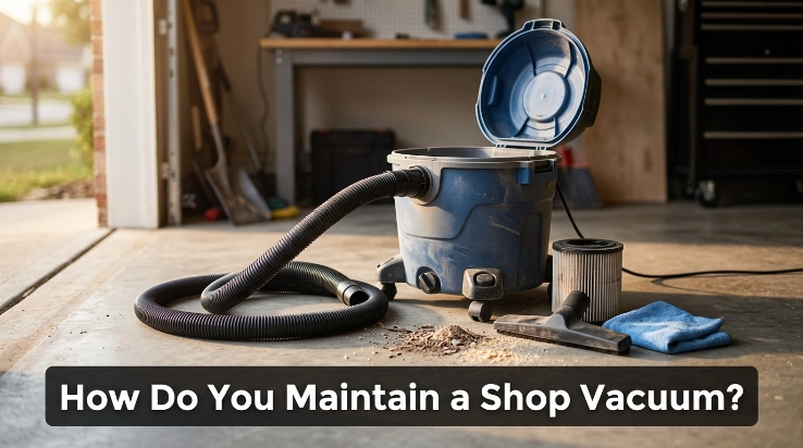Homeowner checks a clogged hose and dirty shop vacuum filter while troubleshooting weak suction.