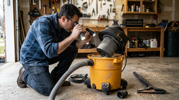 Homeowner checks a clogged hose and dirty shop vacuum filter while troubleshooting weak suction.