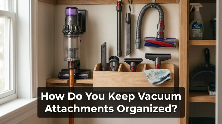 Vacuum attachments organized on a closet door, hooks, and narrow bins in a small space