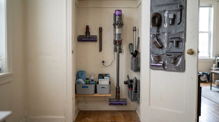 Vacuum attachments organized on a closet door, hooks, and narrow bins in a small space