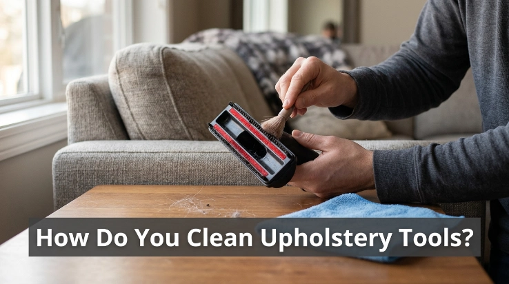 Five vacuum upholstery attachment types shown with suitable cleaning tools and visible debris