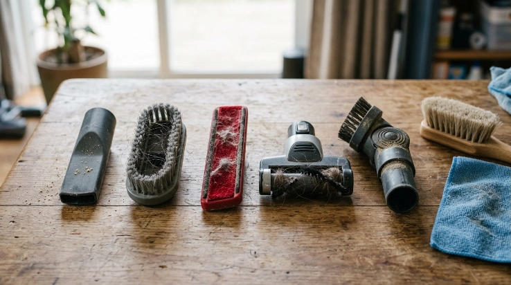 Five vacuum upholstery attachment types shown with suitable cleaning tools and visible debris