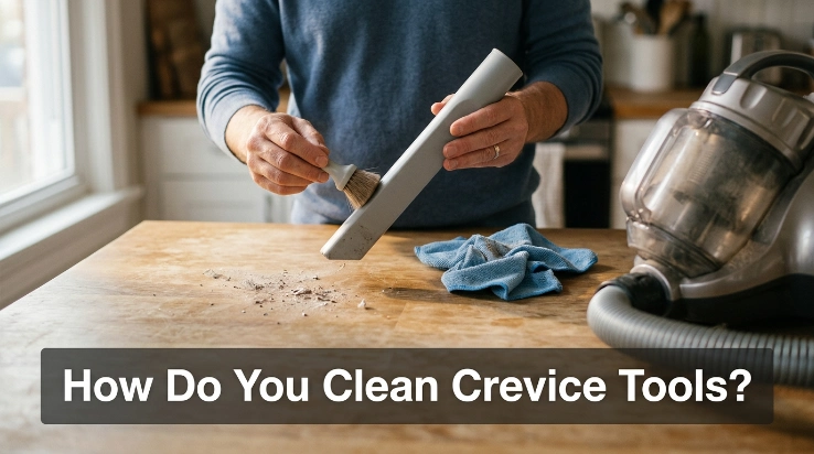Plastic, brush, lighted, and powered crevice tools compared beside water for safe cleaning