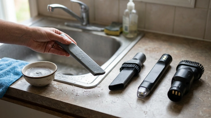 Plastic, brush, lighted, and powered crevice tools compared beside water for safe cleaning