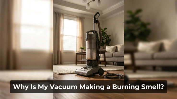 Homeowner safely cleaning an unplugged vacuum brush roll after noticing a burning smell