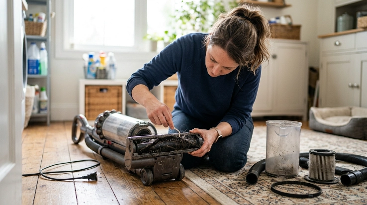 Homeowner safely cleaning an unplugged vacuum brush roll after noticing a burning smell