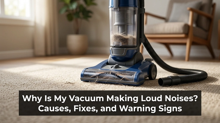Vacuum brush roll tangled with hair and fibers near belt and end caps causing loud noise