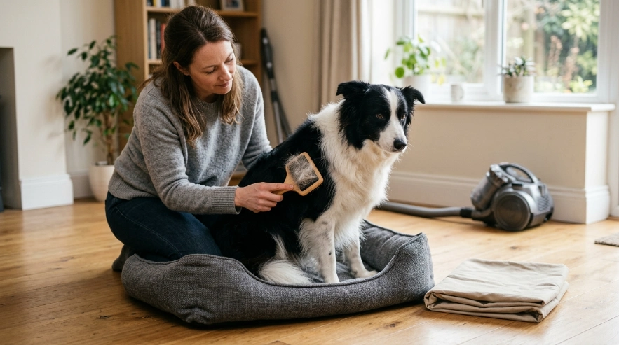 Owner gently brushing a Border Collie beside washable bedding to manage loose coat indoors.