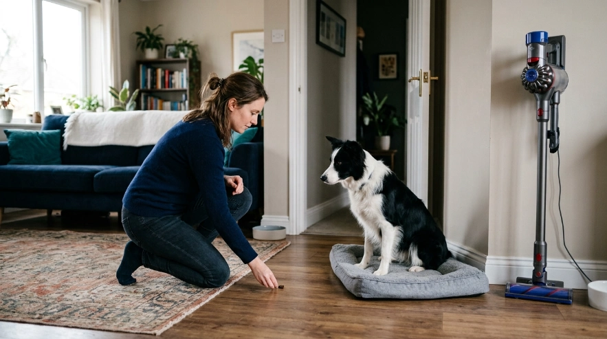 : Best electric stick vacuum cleaners introduced gradually to a calm Border Collie using treats and distance