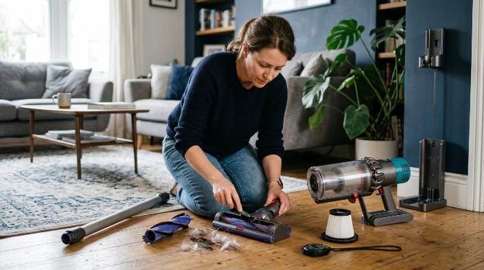Homeowner preparing a cordless vacuum for a controlled battery-runtime test after cleaning key parts.