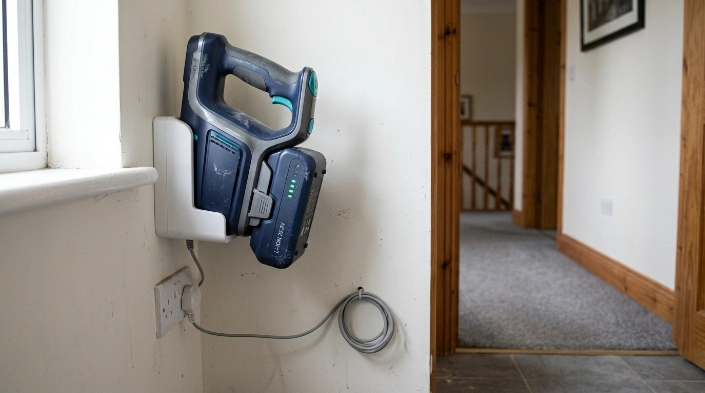 Cordless vacuum battery charging indoors while diagnosing fast power loss and shorter runtime