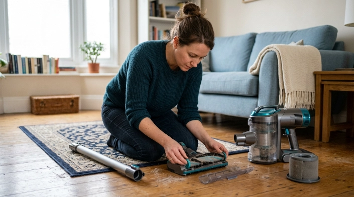 Checking a cordless vacuum for overheating, clogged filters, blocked wand, and tangled brush roll
