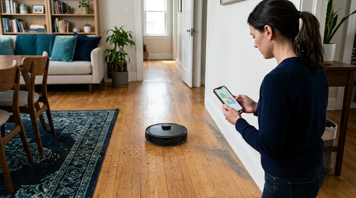 Homeowner checks why a robot vacuum misses spots using floor clues and a cleaning map