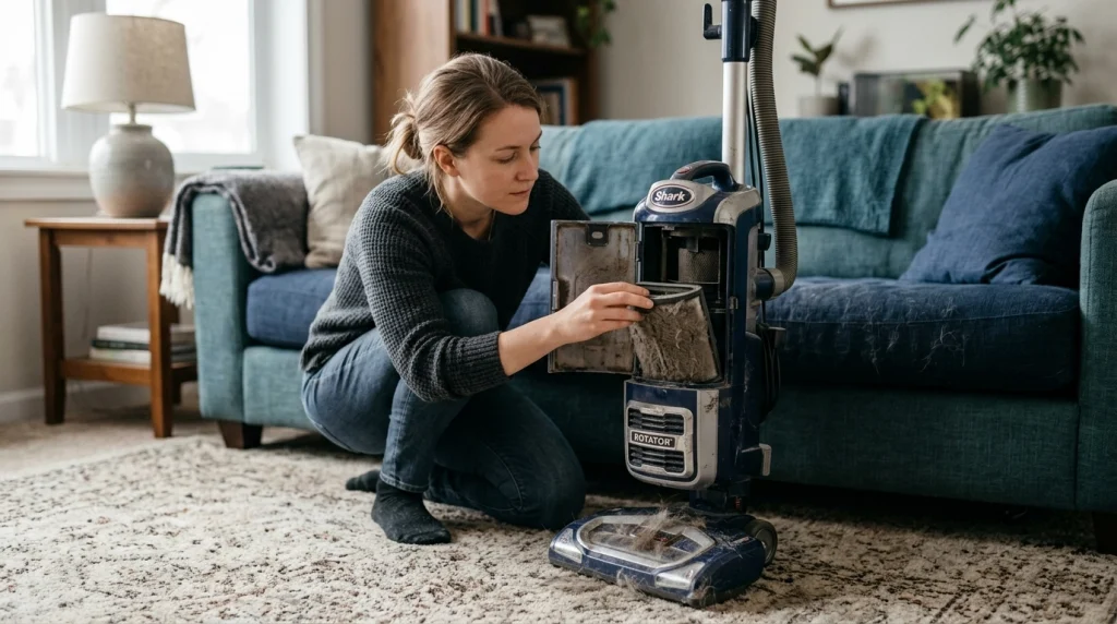Homeowner inspecting a heavily clogged vacuum filter after suction drops