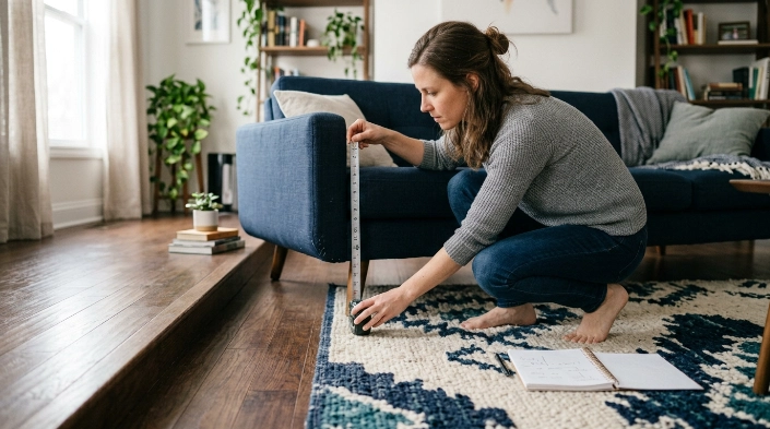 Homeowner measuring sofa clearance beside a robot vacuum that repeatedly gets stuck