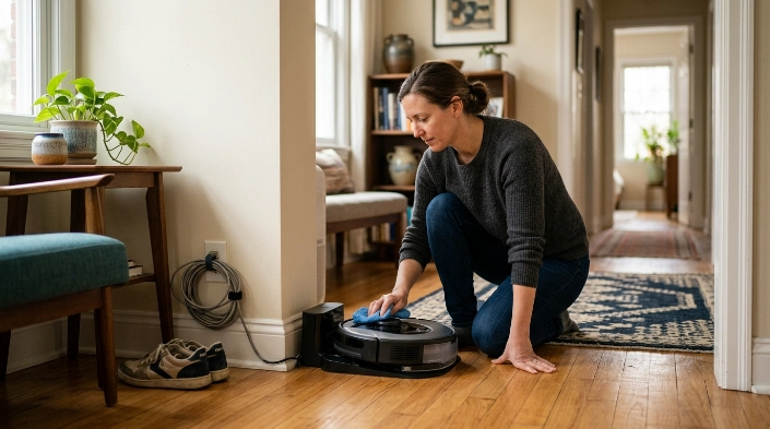 Homeowner cleaning robot vacuum sensors before fixing an incorrect robot vacuum map