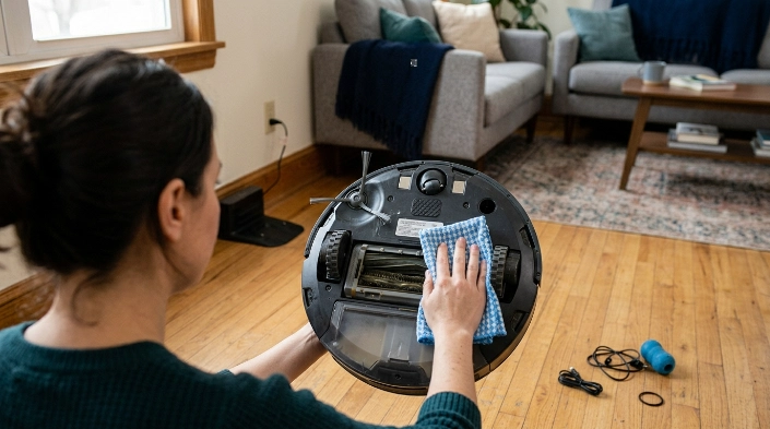 Homeowner cleaning robot vacuum sensors and checking wheels before testing navigation