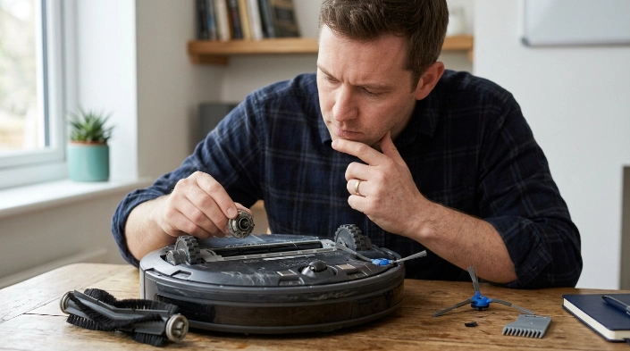 Robot vacuum side brush removed for cleaning hair from the mounting post