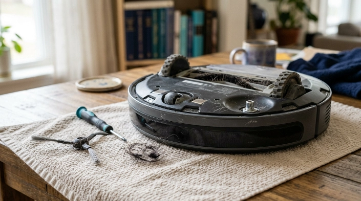 Robot vacuum side brush removed for cleaning hair from the mounting post