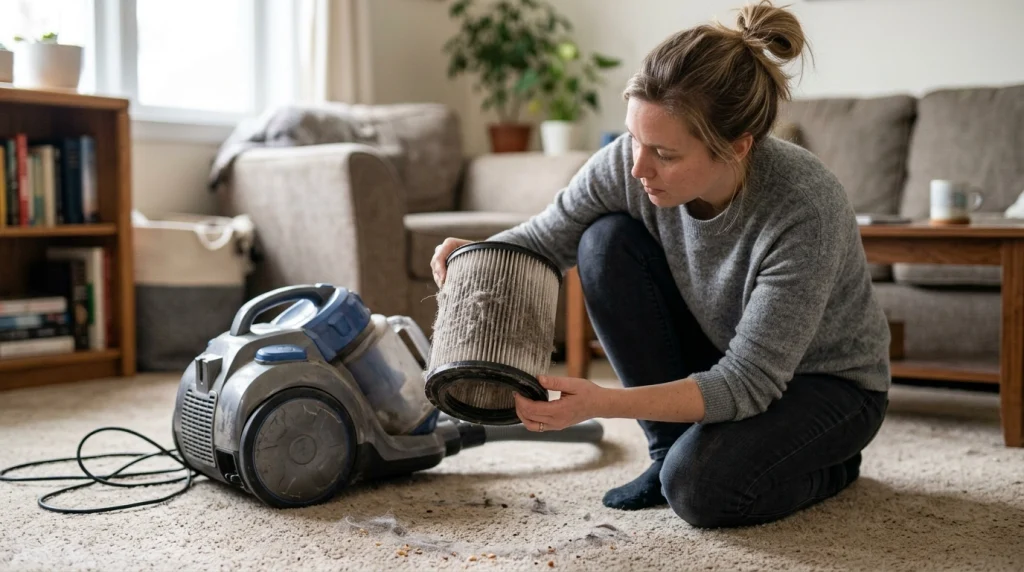 Dust-loaded pleated vacuum filter being inspected after weak suction and poor carpet pickup