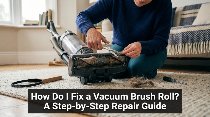 Homeowner fixing a vacuum brush roll by removing tangled hair from the floorhead