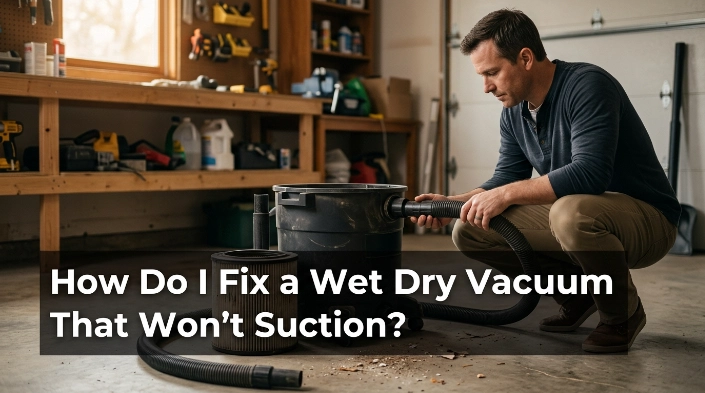 Homeowner checking a wet dry vacuum hose and filter after losing suction