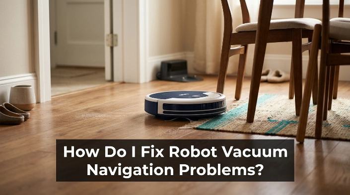 Robot vacuum navigation problems shown in a home with charging dock and obstacles