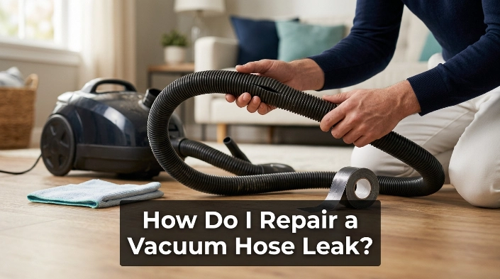 Homeowner inspecting a damaged vacuum hose before repairing a small air leak.