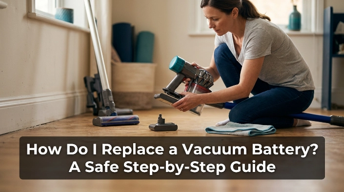 How do I replace a vacuum battery safely on a cordless stick vacuum at home?