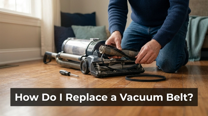 Homeowner replacing an upright vacuum belt after removing the brush roll cover.