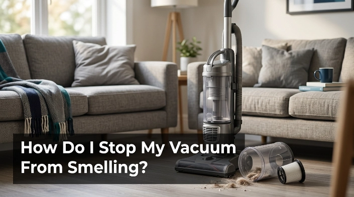 Cleaning a smelly vacuum by emptying debris and checking the filter in a living room.