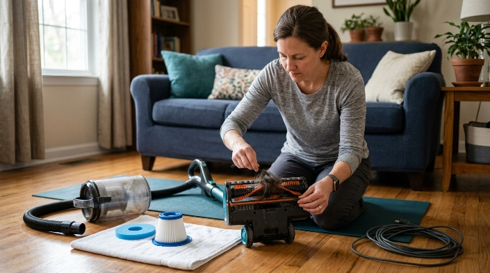 Homeowner cleaning vacuum bin, hose, brush roll, and filter to remove bad smells.