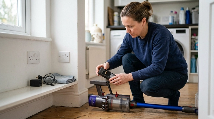 How do I fix a cordless vacuum that won't charge? Homeowner checks charger, battery, contacts, and outlet