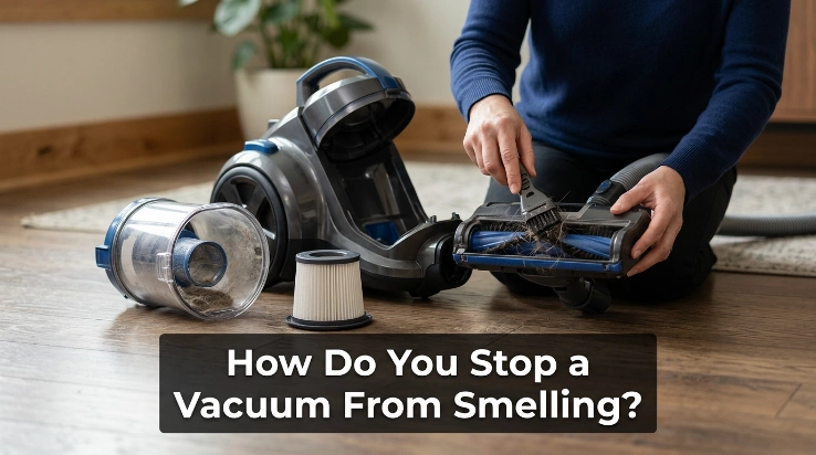 How do you stop a vacuum from smelling by cleaning its bin, filter, and brush roll?