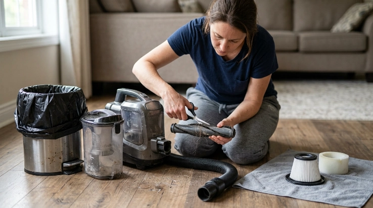 Homeowner cleaning a vacuum bin, brush roll, hose, and filter to stop bad smells.