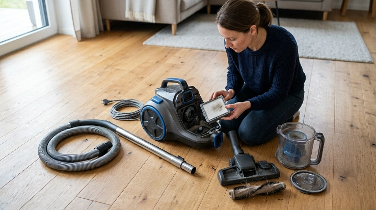 Vacuum bin, filter, brush roll, hose, wand, and attachments laid out for cleaning.