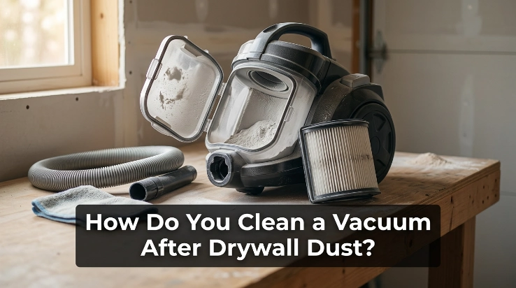 Vacuum opened for cleaning after drywall dust, with filter, hose, and dusty collection bin visible