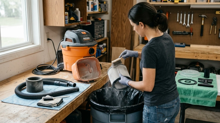 Homeowner cleaning vacuum filter, bin, hose, seals, and attachments after drywall dust