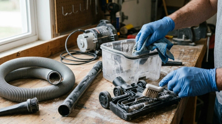 Vacuum bin, hose, brush head, seals, and exterior being cleaned of fine drywall dust