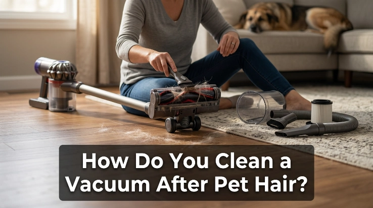 Pet owner cleaning pet hair from a vacuum brush roll, bin, hose, and attachments.